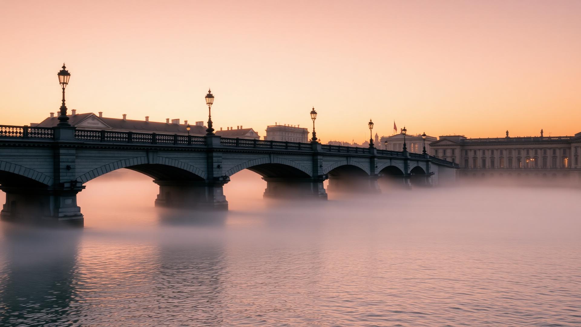 Pont de Pierre enjambant la Garonne à l’aube, lumière dorée et brume légère sur le fleuve.