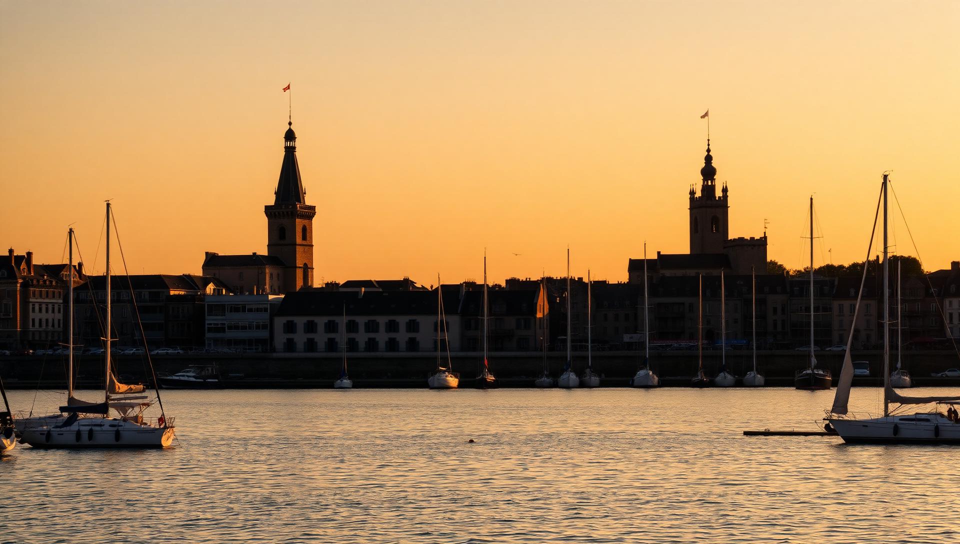 Vieux port de La Rochelle au coucher du soleil, tours fortifiées découpées sur un ciel orangé.