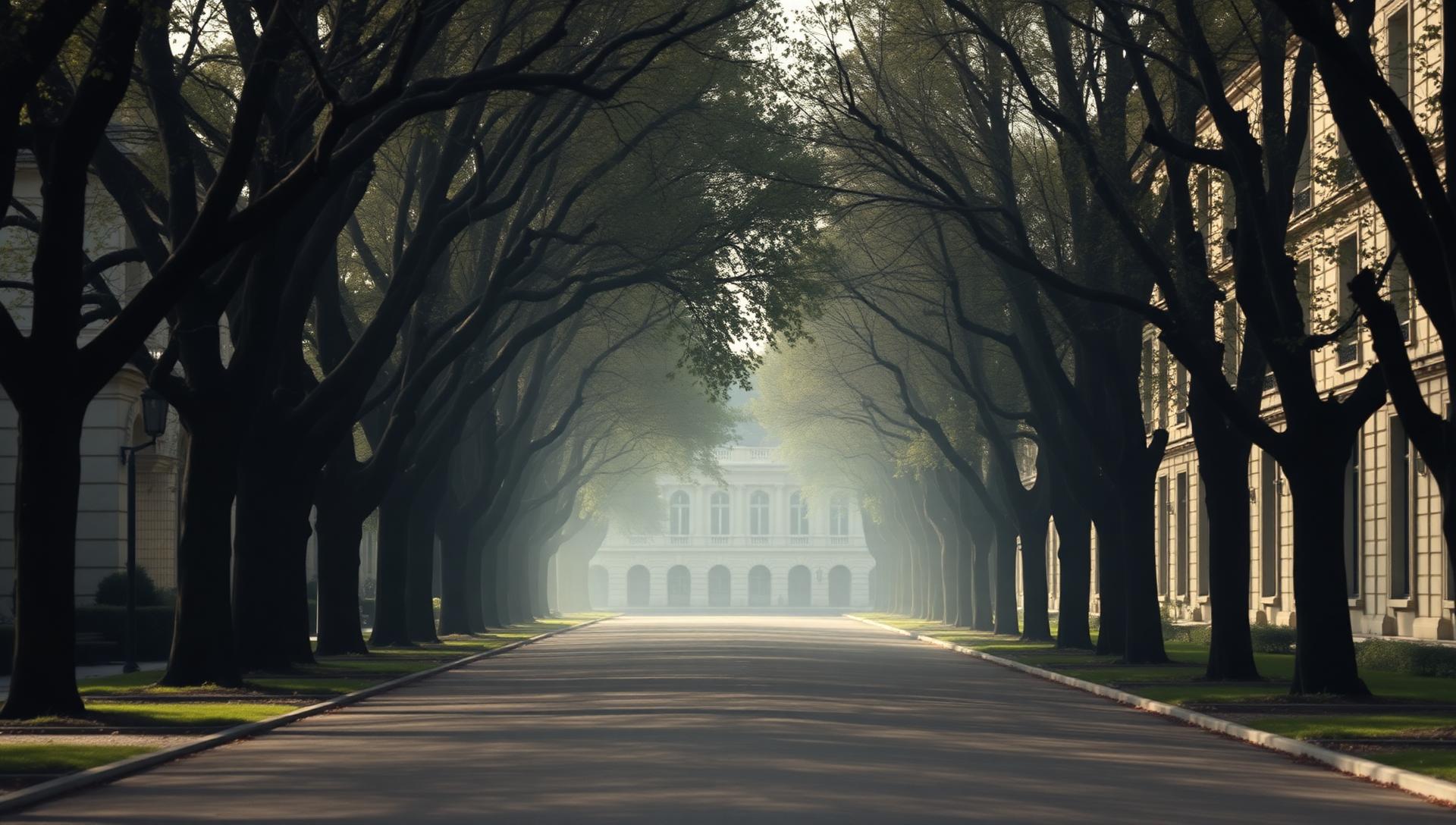 Avenue arborée de Maisons-Laffitte au soleil rasant, longues façades classiques et perspective parfaitement dégagée.