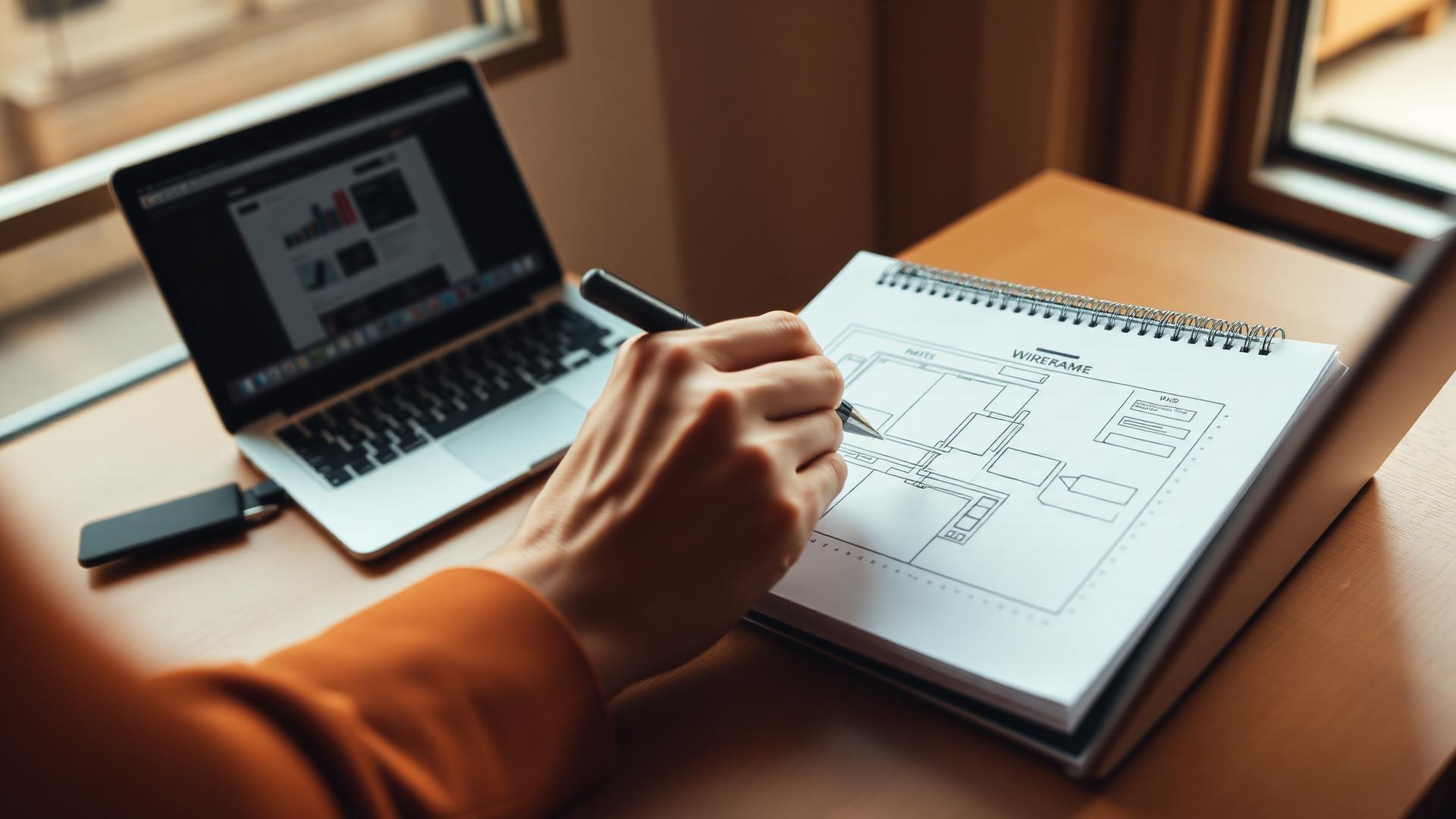 Atelier de conception : main esquissant un wireframe à côté d'un ordinateur portable, lumière chaude.