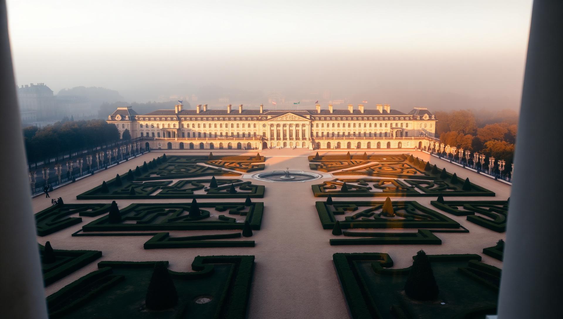 Jardins de Versailles à l’aube, perspective classique sur les bassins et les bosquets taillés.