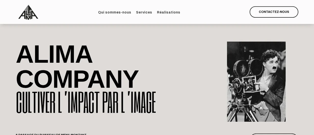 Page d’accueil du site Alima Company et son identité en noir et blanc.