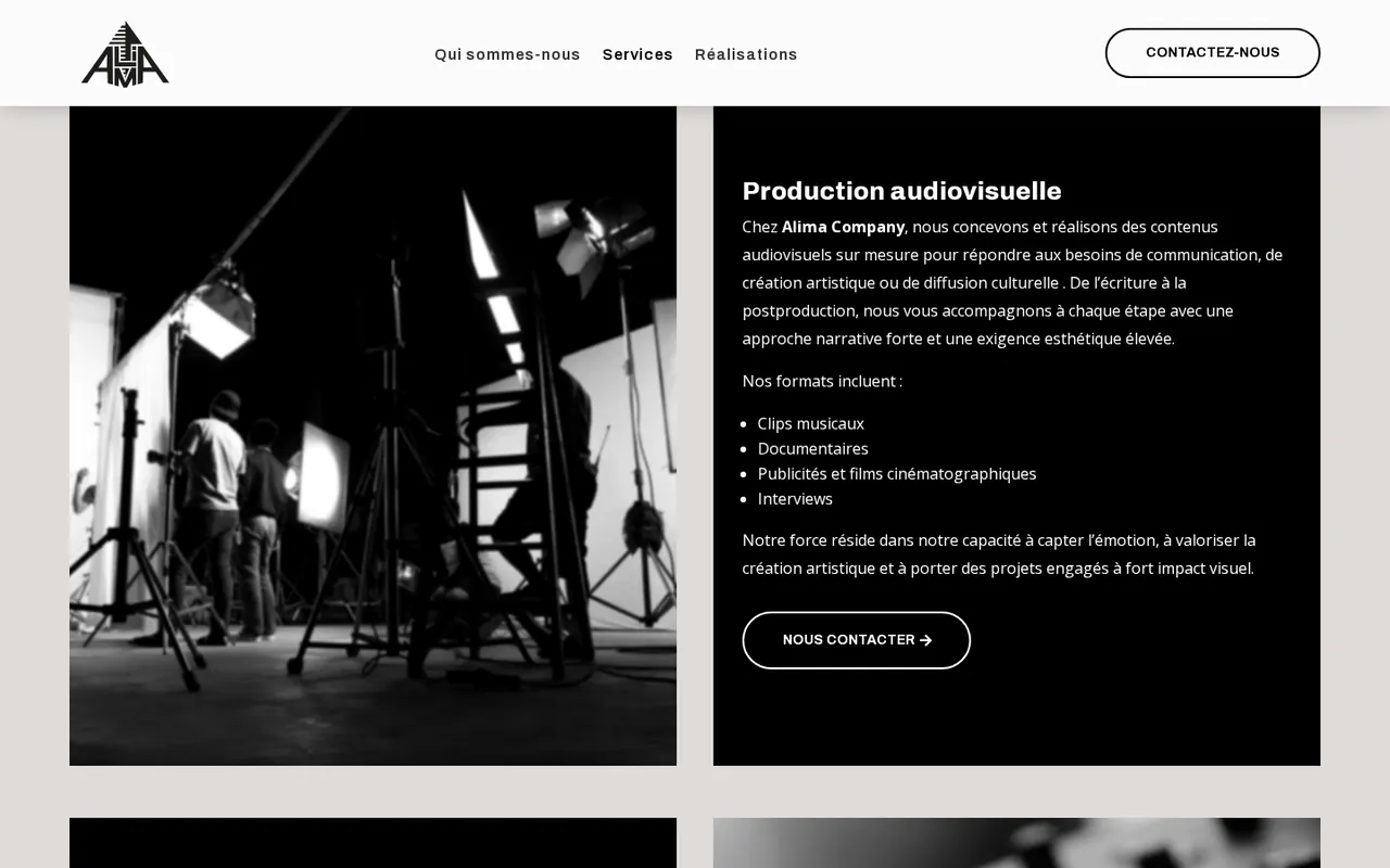 Page des services du site Alima Company, production audiovisuelle.