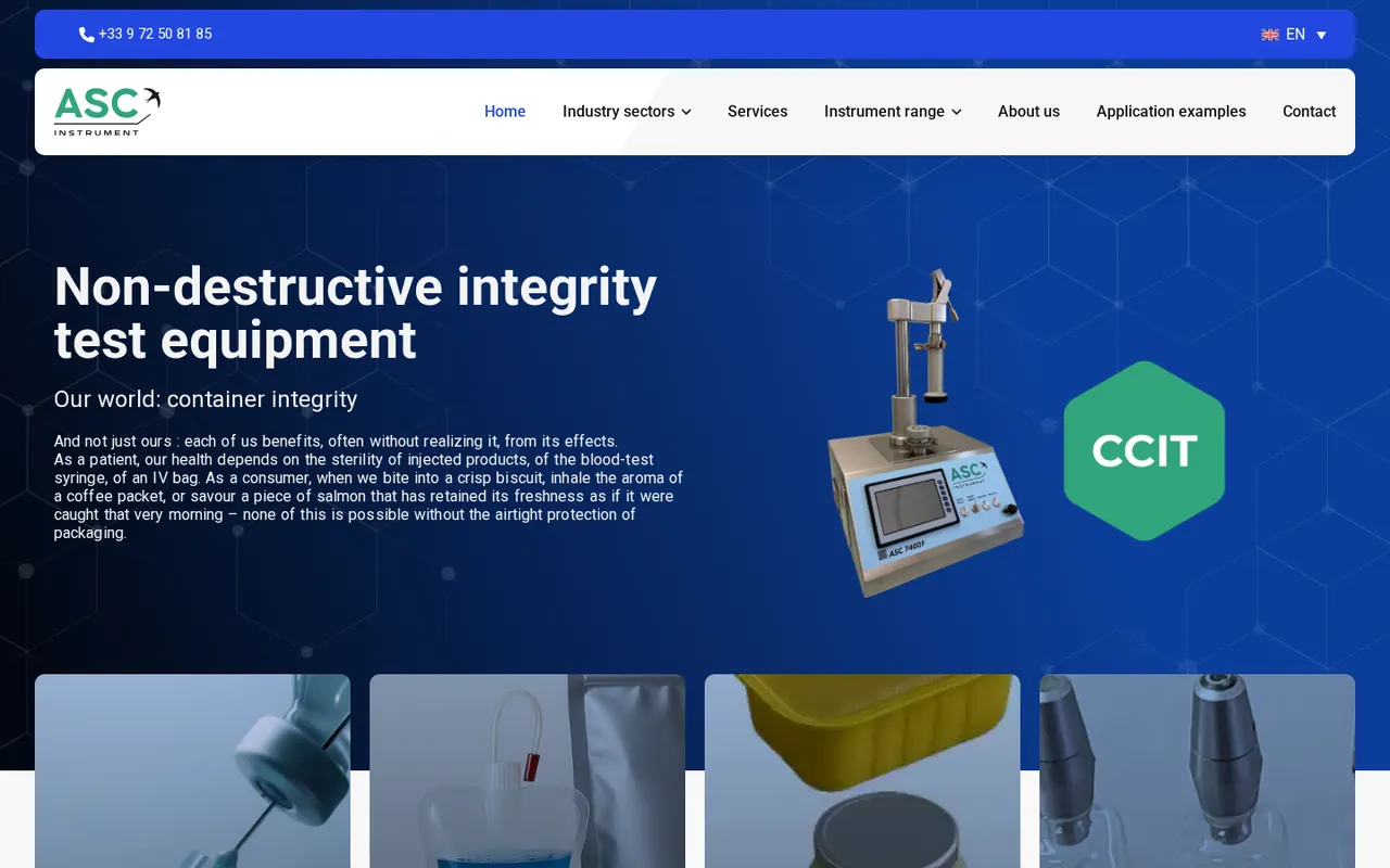 Page d’accueil du site ASC Instrument et ses équipements de contrôle.