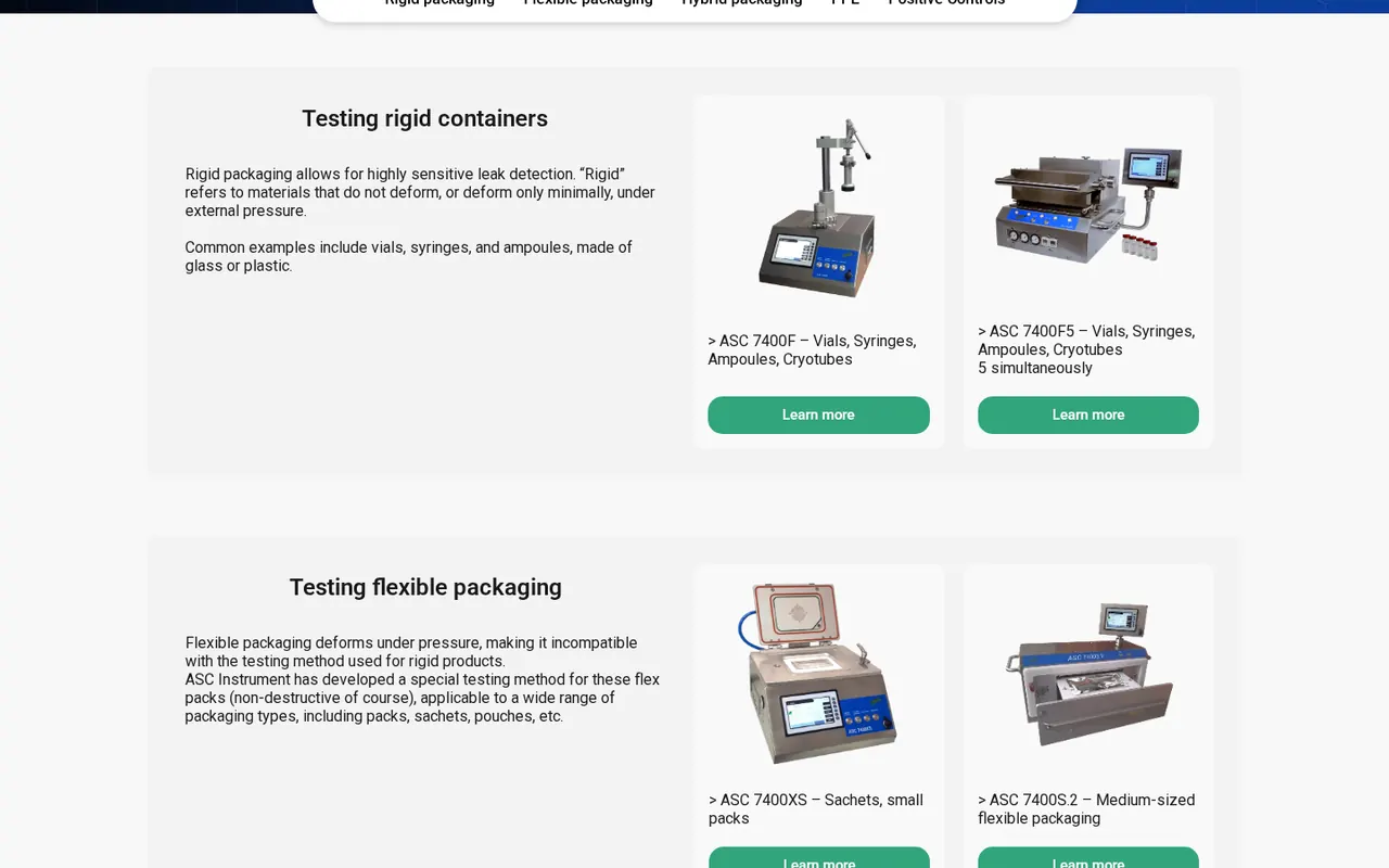 Page instruments du site ASC Instrument, par type de conditionnement.