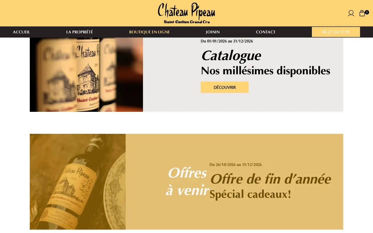 Catalogue du caveau en ligne du Château Pipeau et ses millésimes.