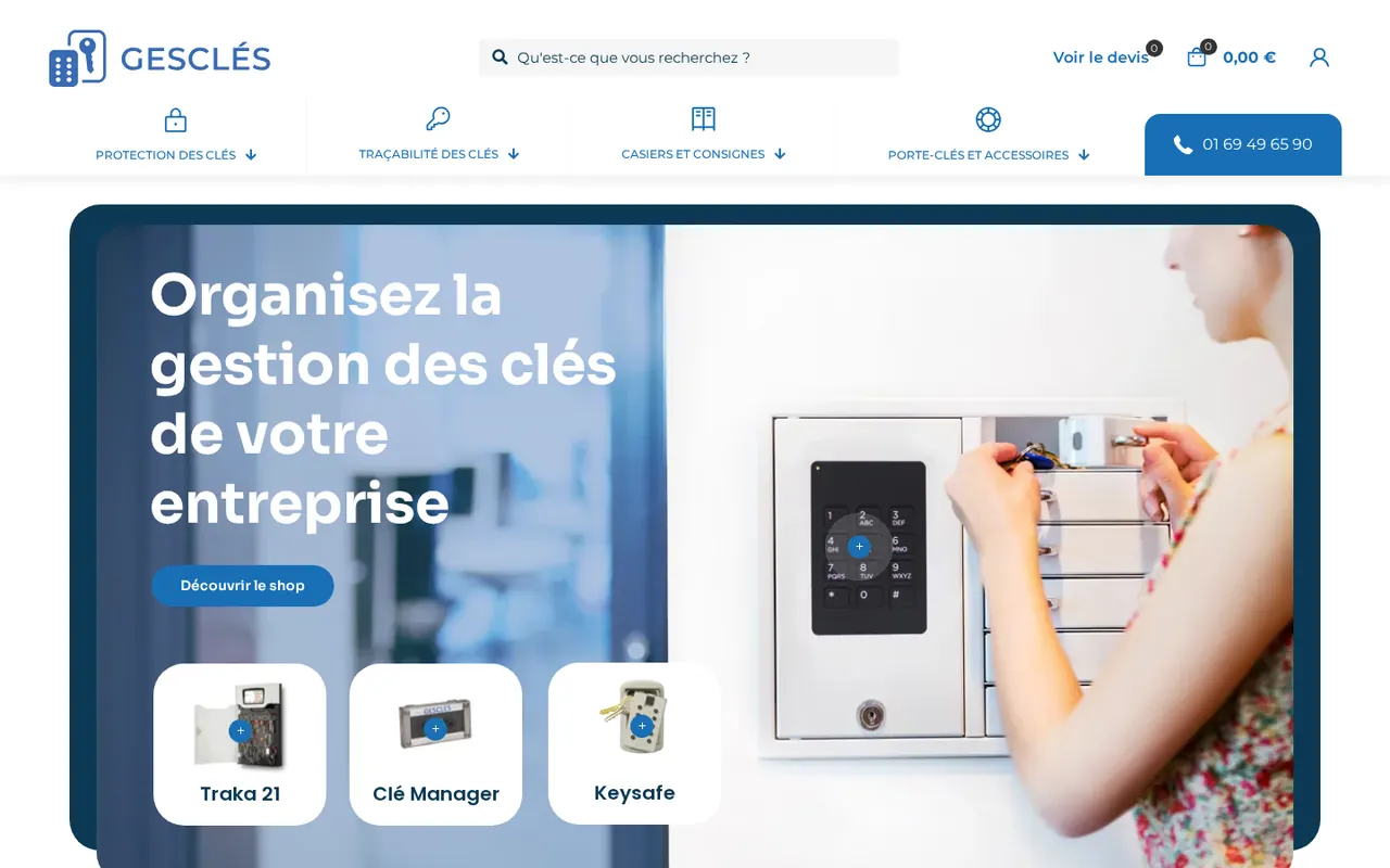 Page d’accueil du site Gesclés et ses solutions de gestion des clés.