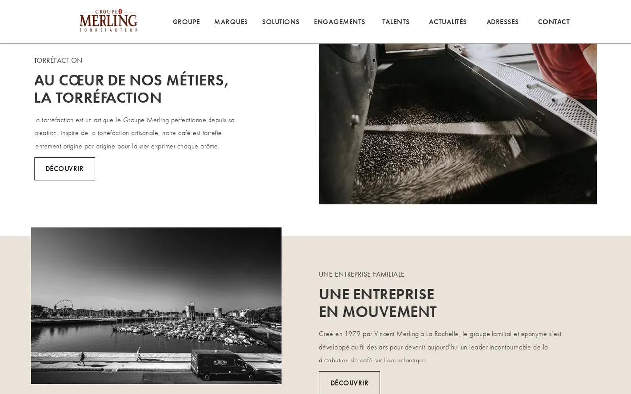 Page d’accueil du site du Groupe Merling consacrée à la torréfaction.