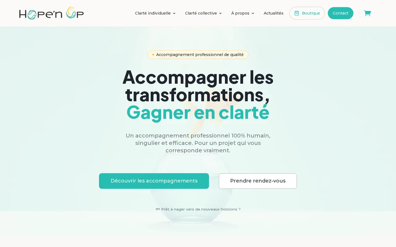 Page d’accueil du site Hope’n Up et son accroche sur l’accompagnement.