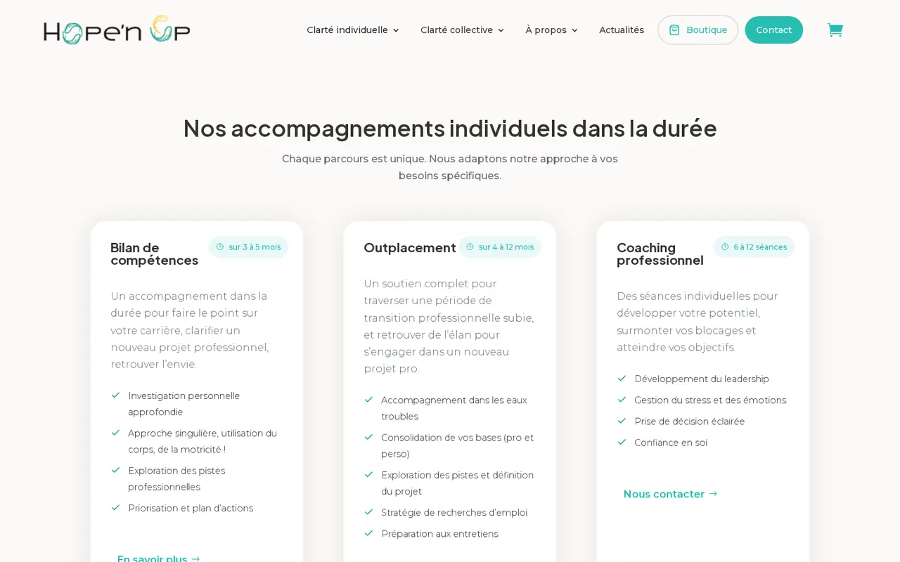Présentation des accompagnements individuels sur le site Hope’n Up.
