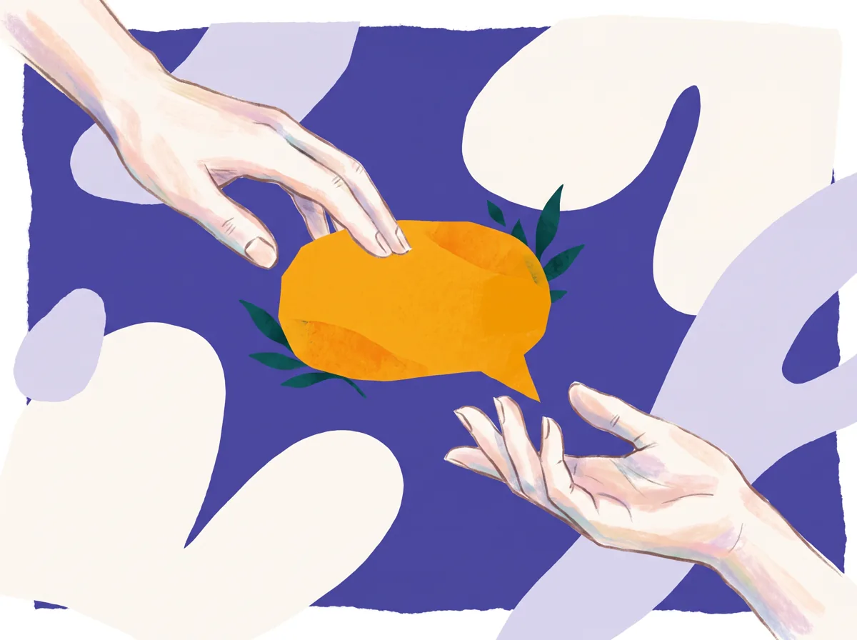 Illustration de transmission et de dialogue entre des mains.