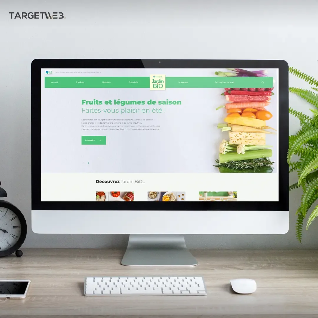 Page d’accueil du site Jardin BiO étic affichée sur un écran d’ordinateur.