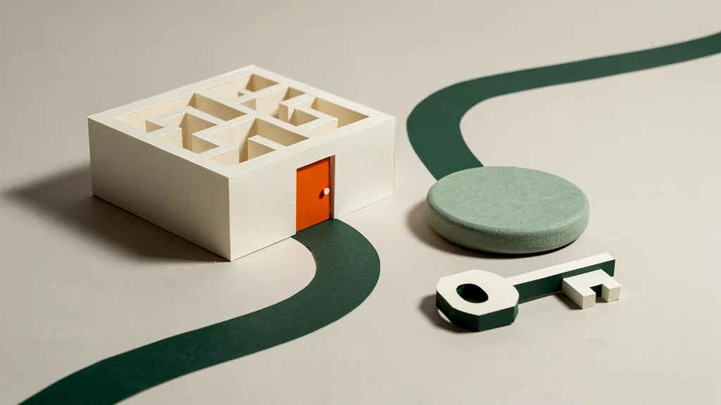 Illustration d’un labyrinthe en papier, d’une porte orange et d’une clé.