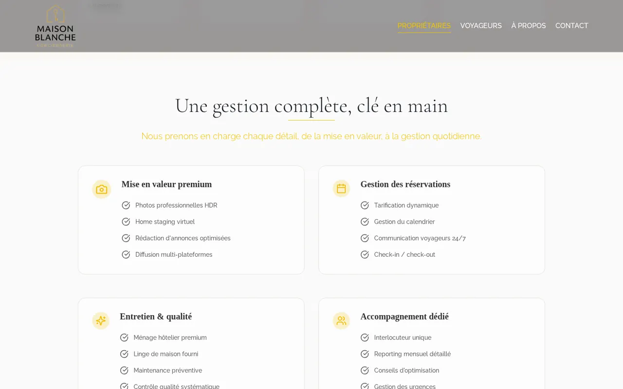 Page propriétaires du site Maison Blanche Conciergerie et ses services.
