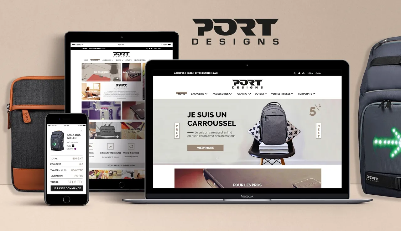 Boutique Port Designs présentée sur ordinateur, tablette et téléphone