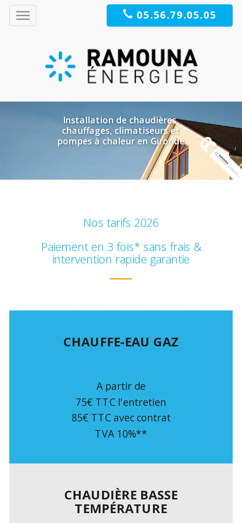 Page d’accueil du site Ramouna Énergies sur téléphone