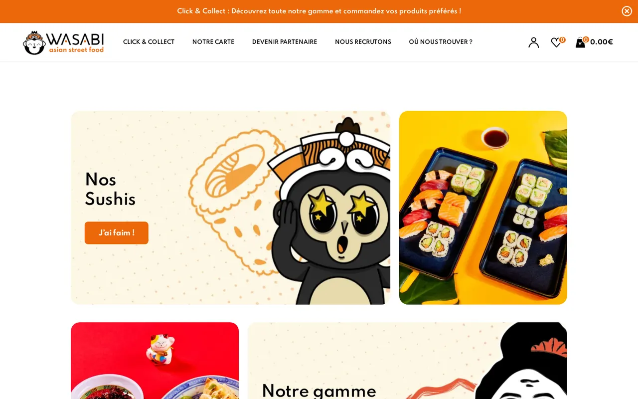Page d’accueil du site Wasabi Corner et sa présentation des sushis.