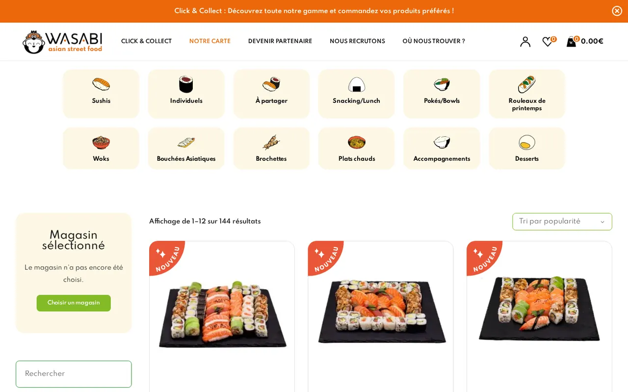 Catalogue en ligne de Wasabi Corner avec ses catégories et ses filtres.